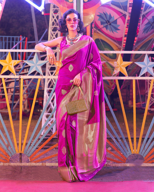Magenta Pink Floral Printed Banarasi Silk Saree With Zari Woven Pallu