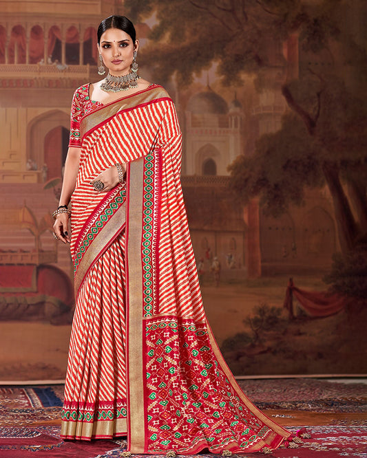 Red saree In White Colored Patola Print With Cotton Silk