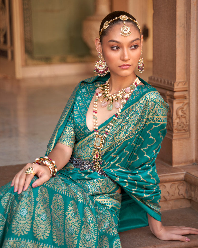 Ocean Green Foil Printed Silk Saree With Unstitched Blouse and Tassel