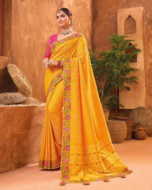 Dark Yellow Cotton Silk Thread Embroidered Saree