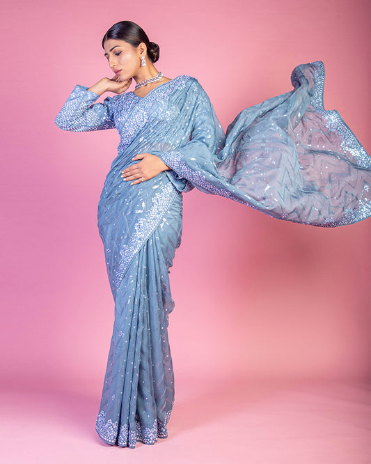 Pastel Sky Blue Party wear Saree with Unstitched Blouse
