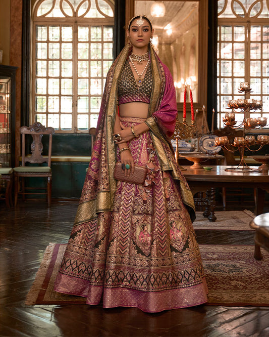 Dark Pink Golden Zari Work Embroidery Silk Lehenga Set With Dupatta