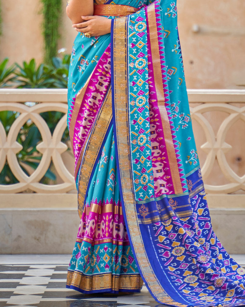 Sky Blue Pure Patola Cotton Silk Saree with Unstitched Blouse