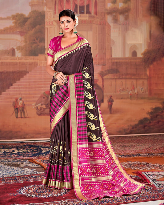 Brown Cotton Silk Saree With Patola Print And Pink Pallu
