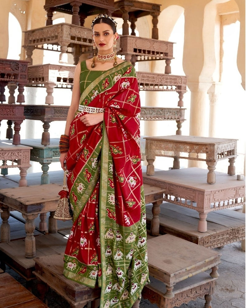 Red Elephant Print Saree with Contrast Border & Tassels