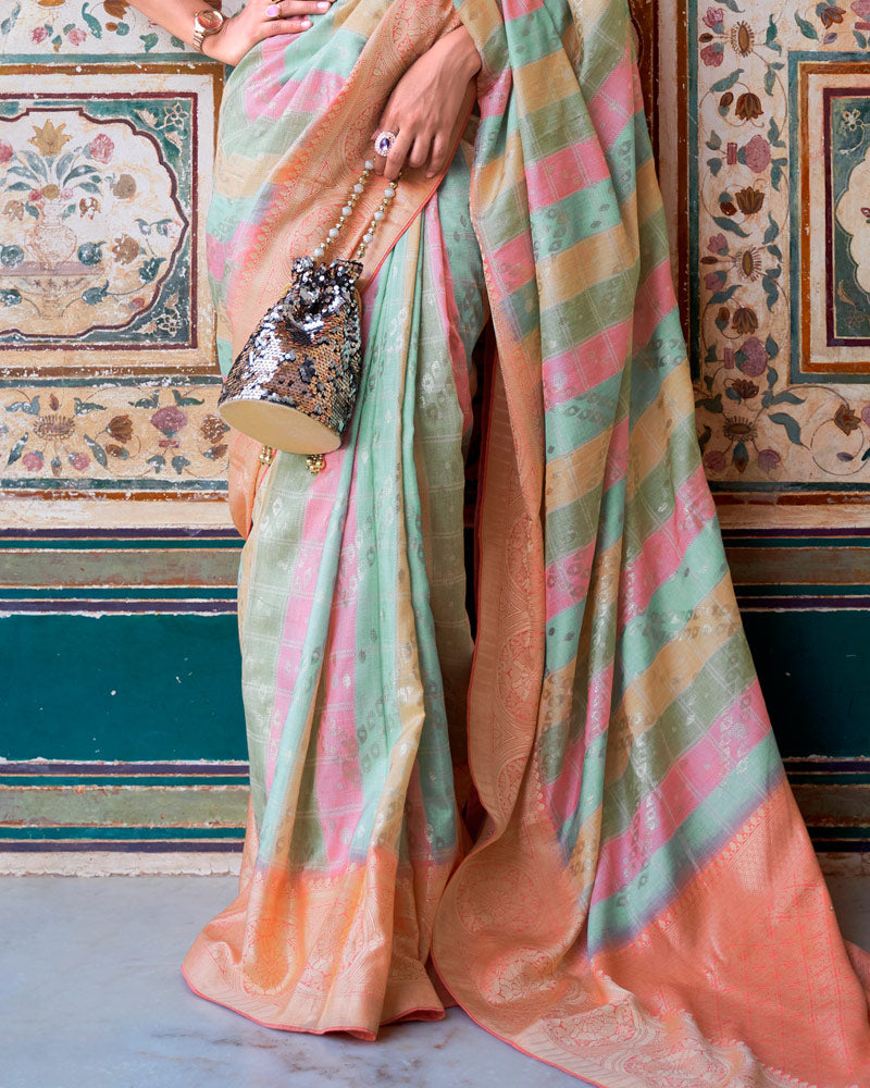 Sea Green Foil Printed Leheriya Silk Saree With Contrast Zari Woven Pallu