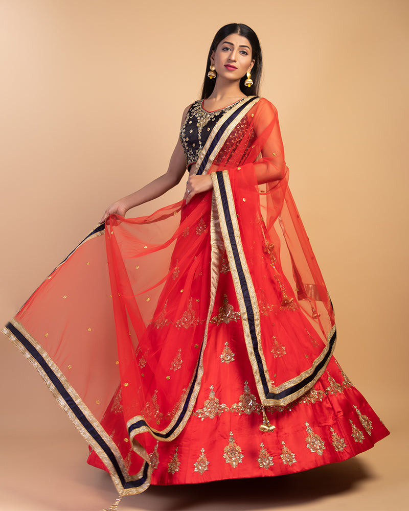 Coral Red Embroidered lehenga choli With Dupatta