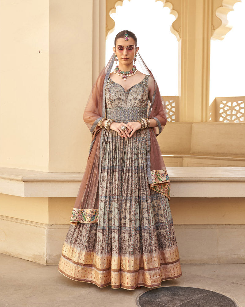 Grey Printed Anarkali Dress With Dupatta