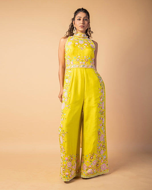 Lemon Yellow Silk Floral Embroidered Jumpsuit With Dupatta
