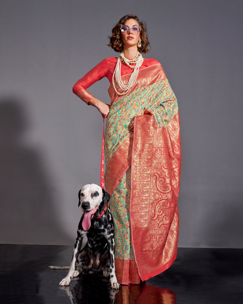 Mint Green Silk Embroidered Saree With Red Zari Work Pallu