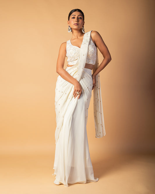 White Draped Skirt CropTop With Attached Dupatta