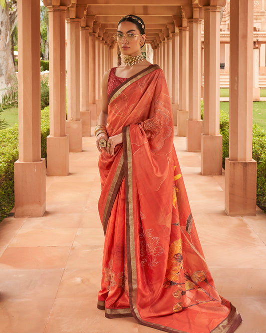 Flame Pea Cotton Silk  Saree With Unstitched Blouse