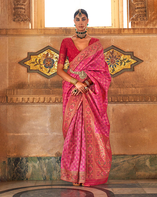 Rani Pink Pure Silk Saree in Jacquard With Unstitched Blouse