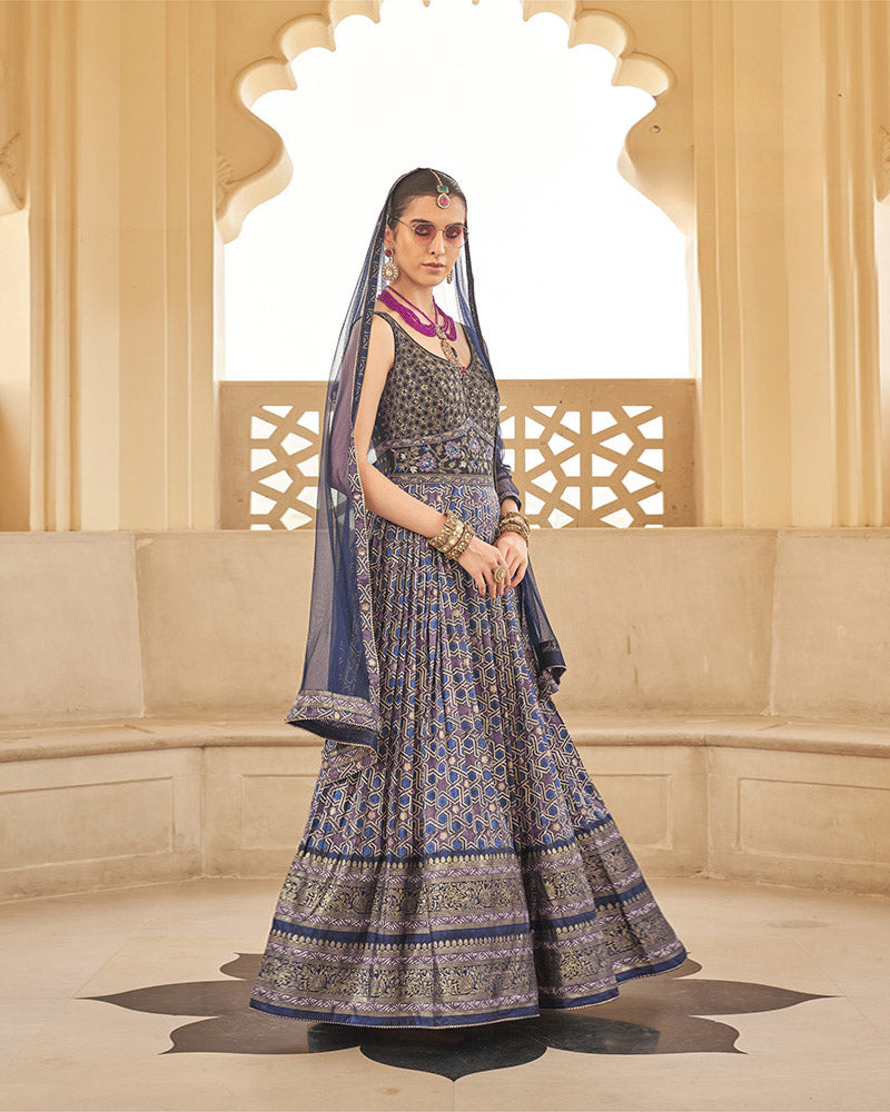 Blue Printed Anarkali Dress With Dupatta
