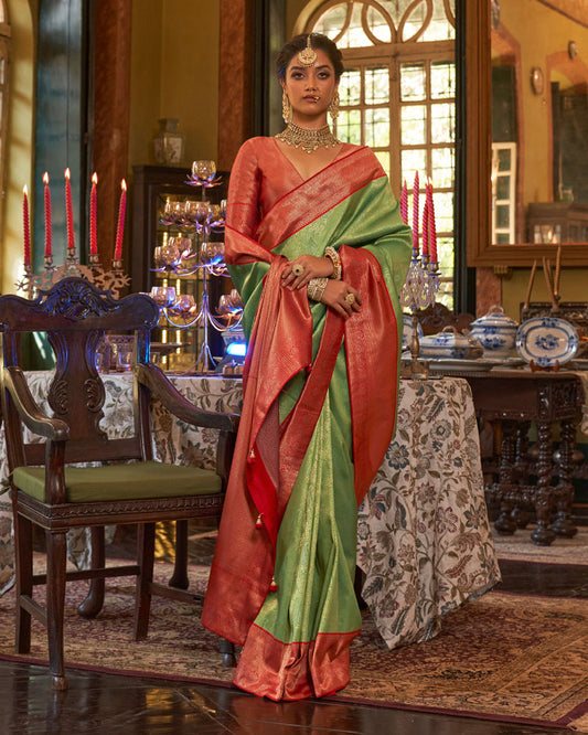Muddy Green Silk Saree With Unstitched Blouse
