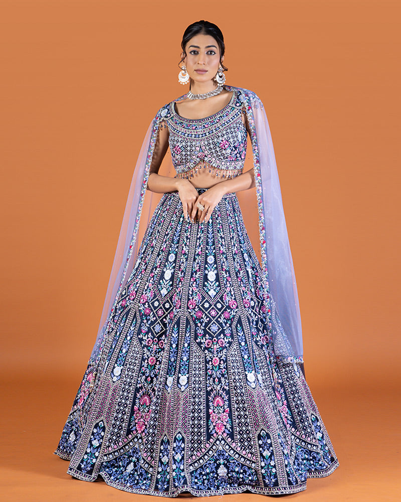 Navy Blue Embellished Lehenga Choli with Pale Lavender-Blue Dupatta