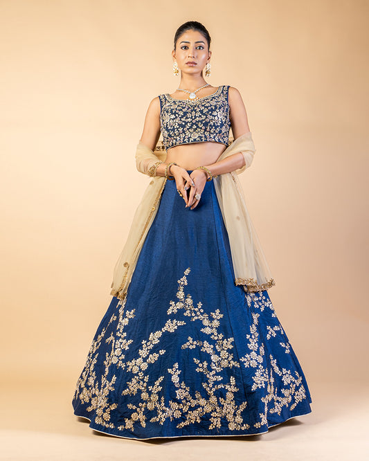 Navy Blue Floral Embroidered Lehenga Set With Dupatta