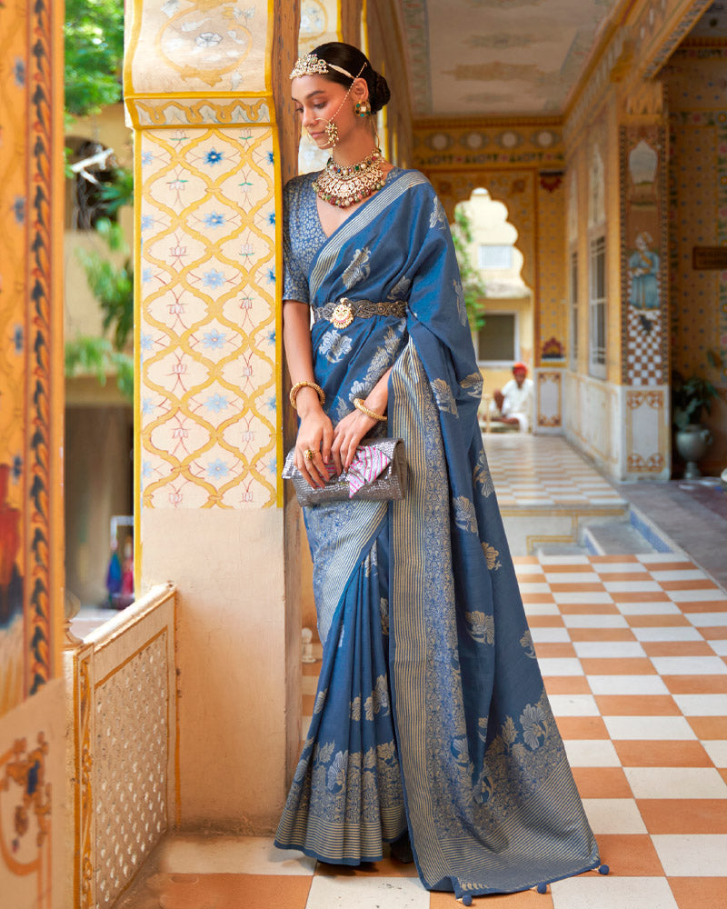 Dusky Blue Floral Printed Saree With Unstitched Blouse