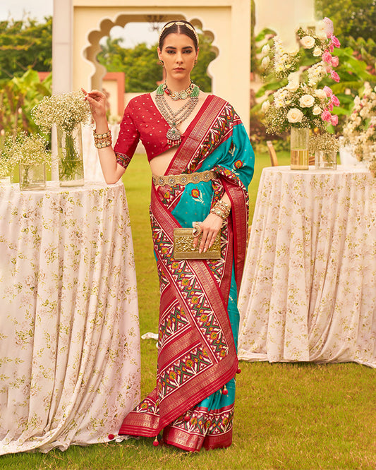 Rama Blue Saree With Printed Border Art in cotton silk with Unstitched Blouse