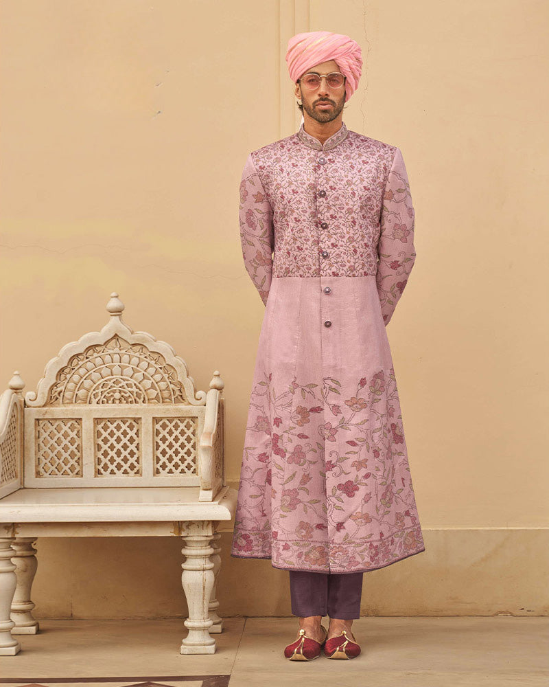 Faded Pink Floral Printed Indowestern Sherwani Set