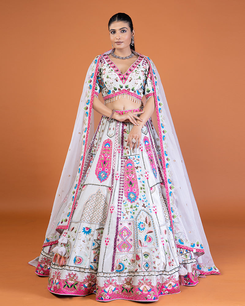 Gray Multicolored Floral Patchwork Embroidered Embellished Lehenga Choli with Dupatta