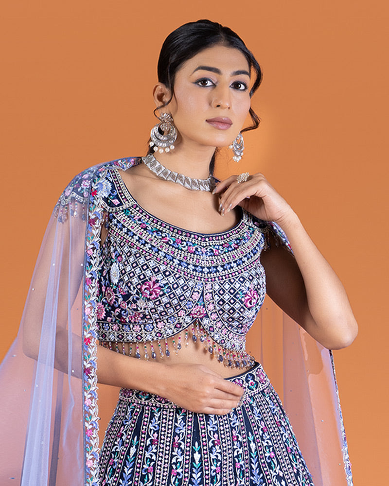 Navy Blue Embellished Lehenga Choli with Pale Lavender-Blue Dupatta