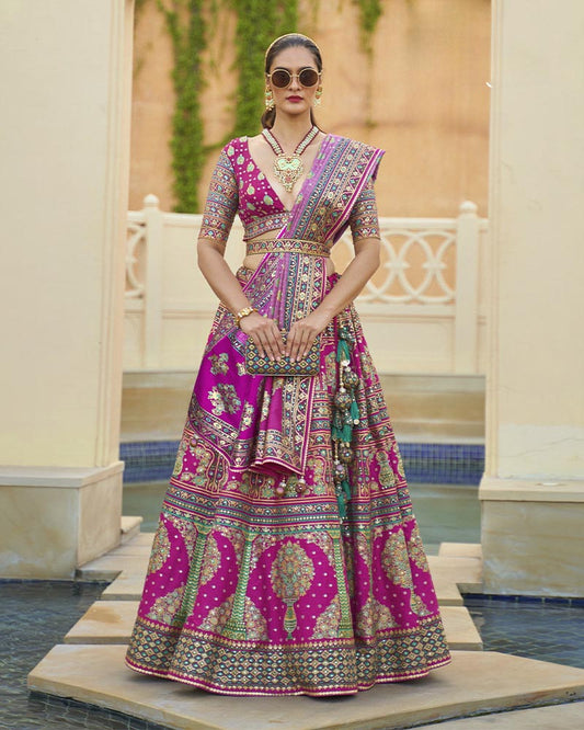 Rani Pink Floral Embroidered Silk Lehenga Choli With Dupatta