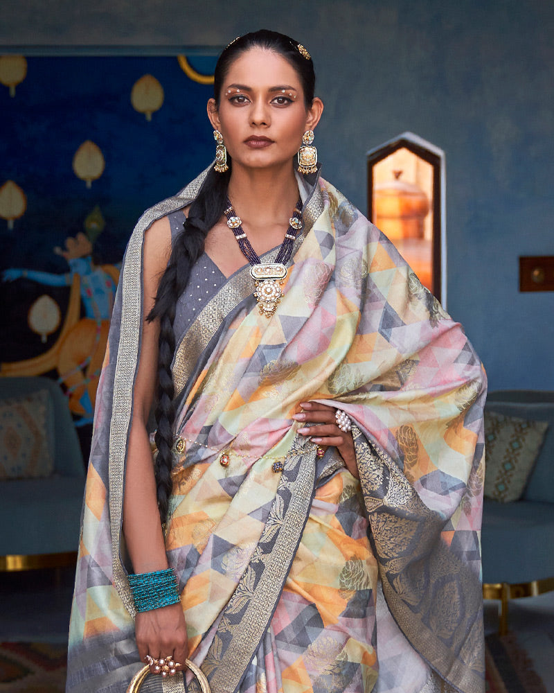 Grey Foil and Digital Printed Silk Saree With Zari Woven Border