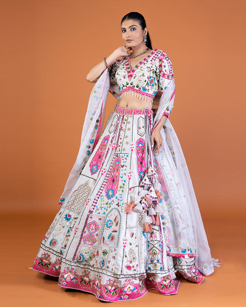 Gray Multicolored Floral Patchwork Embroidered Embellished Lehenga Choli with Dupatta