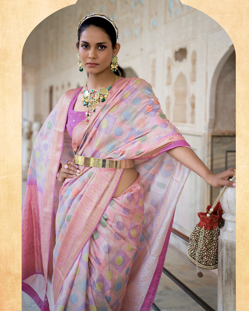 Faded Pink Digital Printed Silk Saree With Contrast Zari Woven Pallu