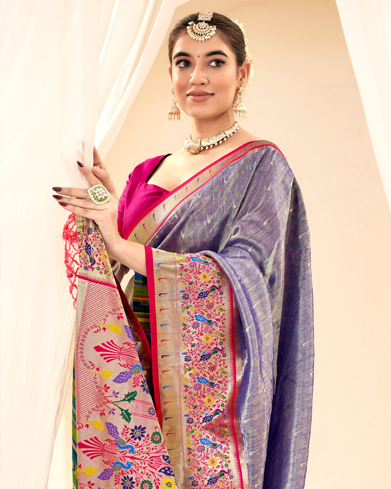 Royal Purple Embroidered Silk Saree With Zari Work Border And Pallu