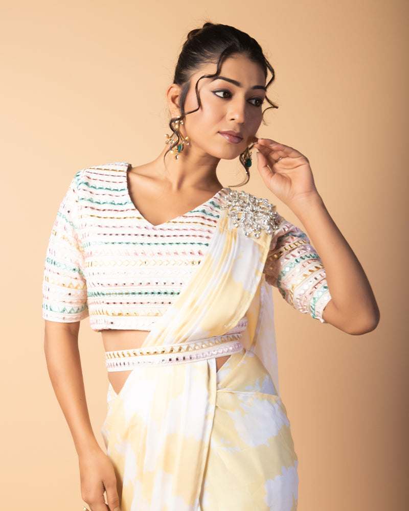 Light Yellow Ready To Wear With Embroidered Blouse