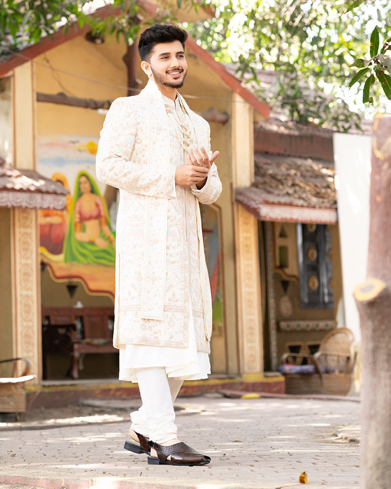 Ivory Jacquard Embroidered Silk Indo Western Sherwani