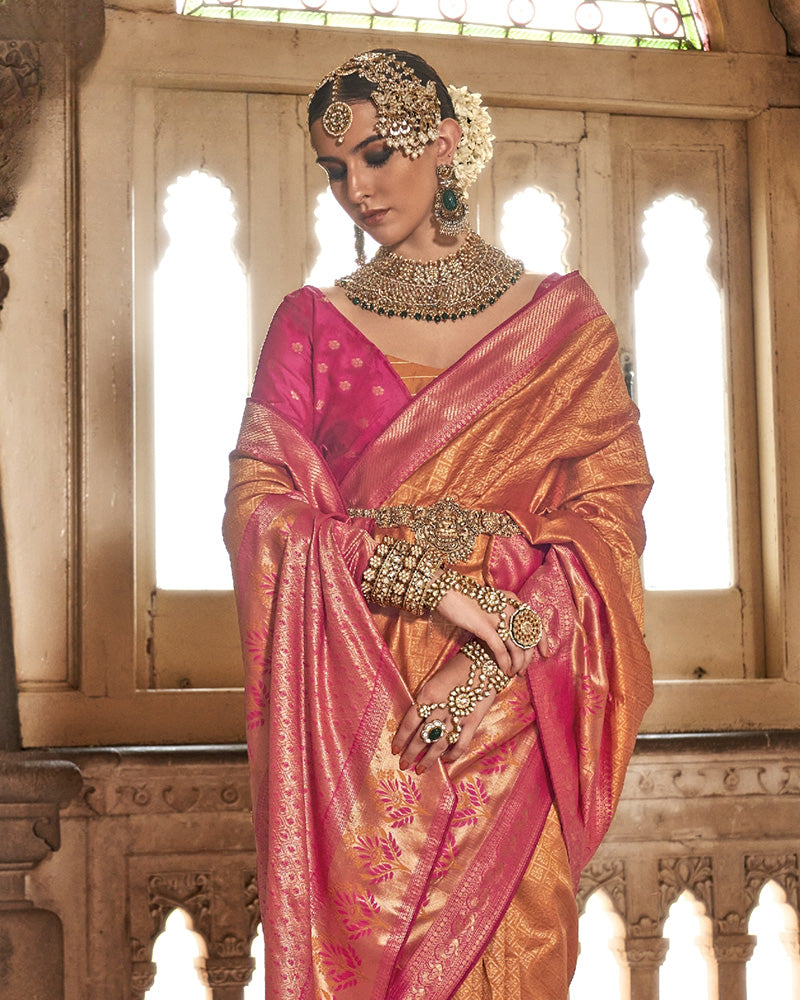 Orange Heavy Silk Saree With Zari Pallu And Unstitched Blouse Piece