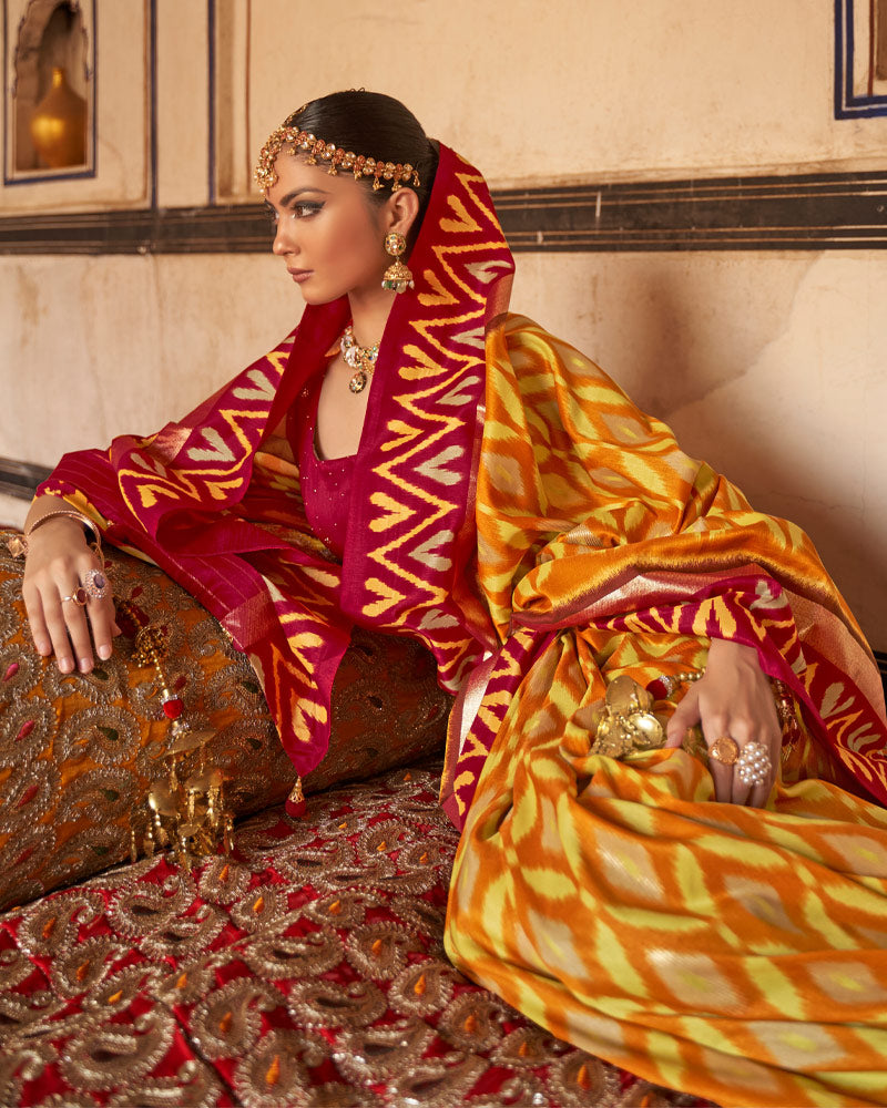 Bright Orange Ikat Pure Patola Printed Silk Saree With Contrast Pallu