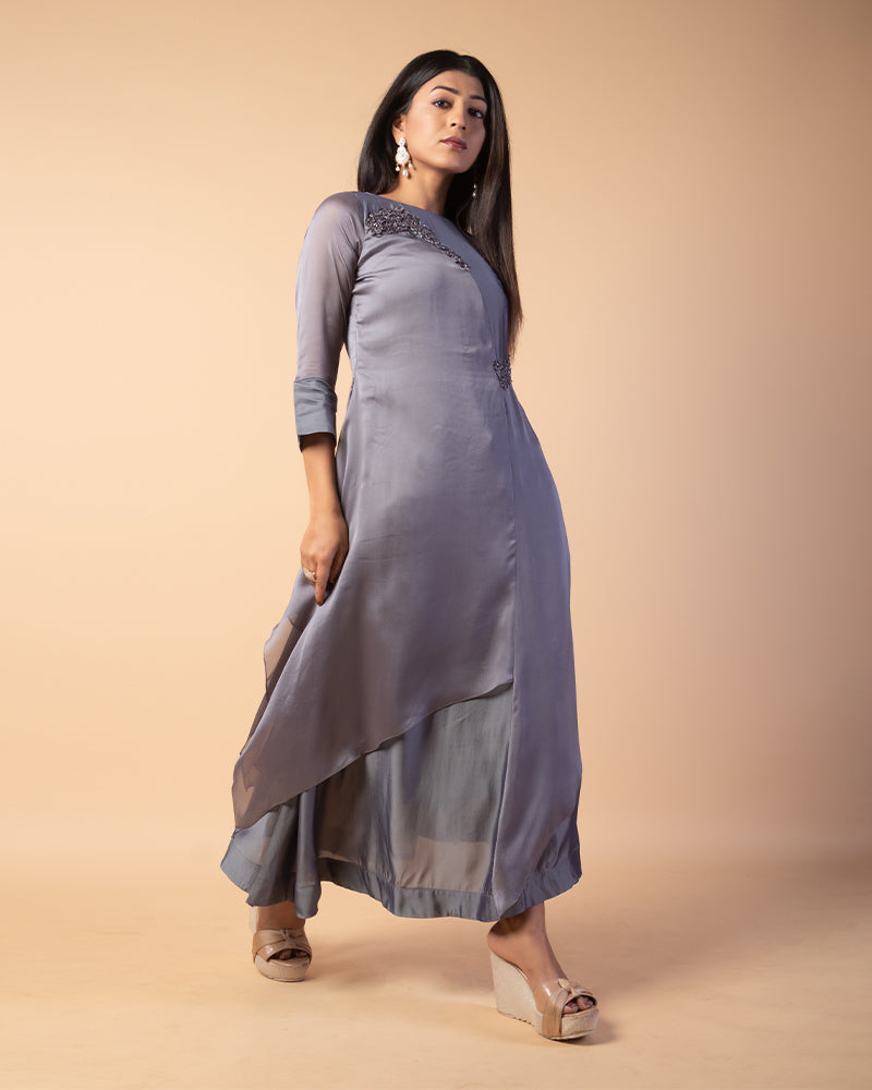 Dusty Grey  Floral Embroidered Kurta Palazzo
