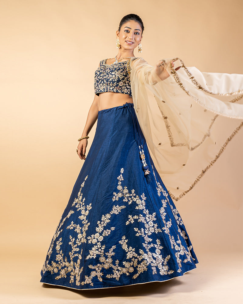 Navy Blue Floral Embroidered Lehenga Set With Dupatta