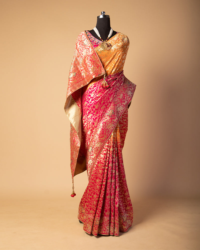 Orange Banarasi Silk Saree with unstitched blouse