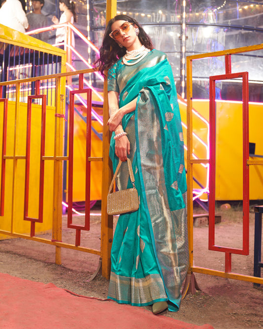 Persian Green Zari Woven Banarasi Silk Saree With Unstitched Blouse