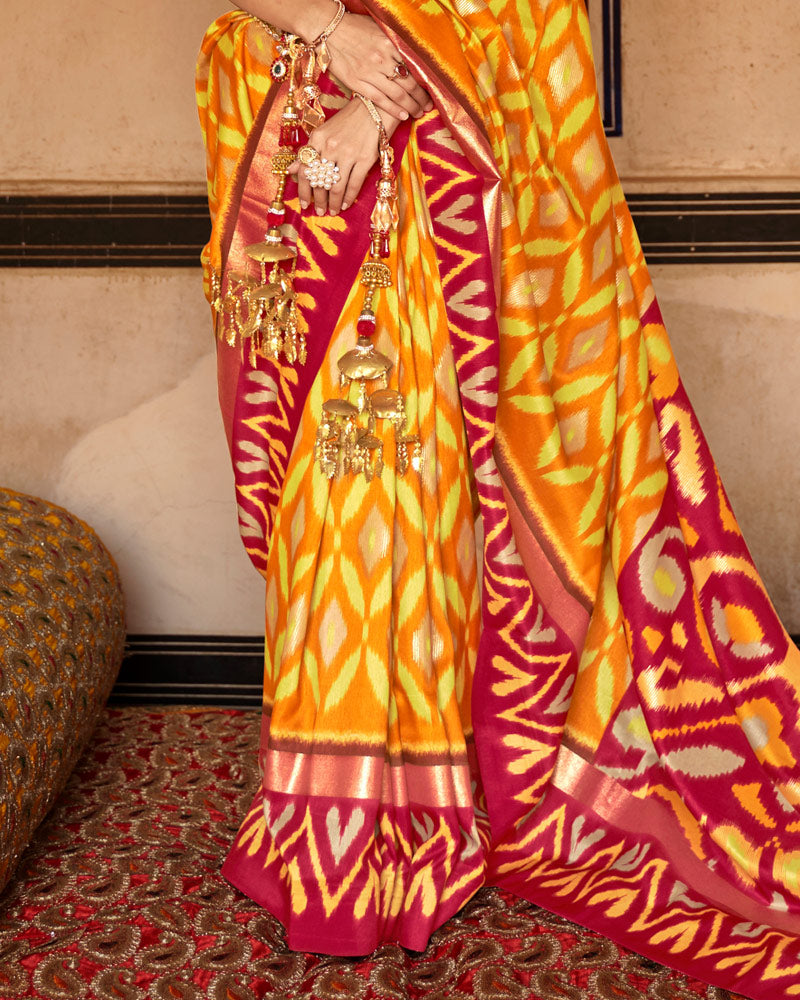 Bright Orange Ikat Pure Patola Printed Silk Saree With Contrast Pallu