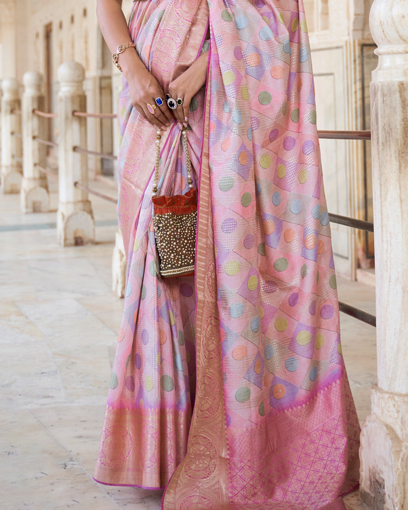 Faded Pink Digital Printed Silk Saree With Contrast Zari Woven Pallu