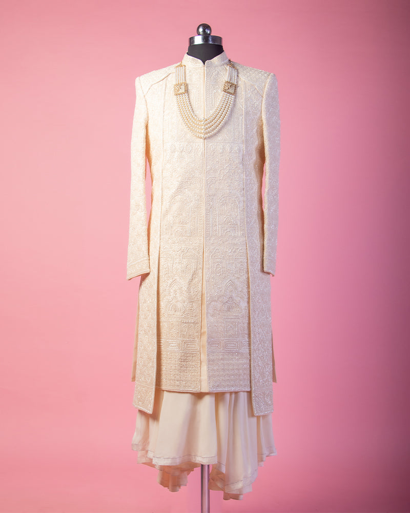 Cream Sherwani with Pyjama in Cotton with