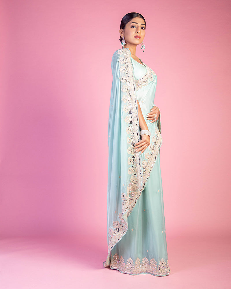 Pastel Sky Blue Party wear Saree with Unstitched Blouse
