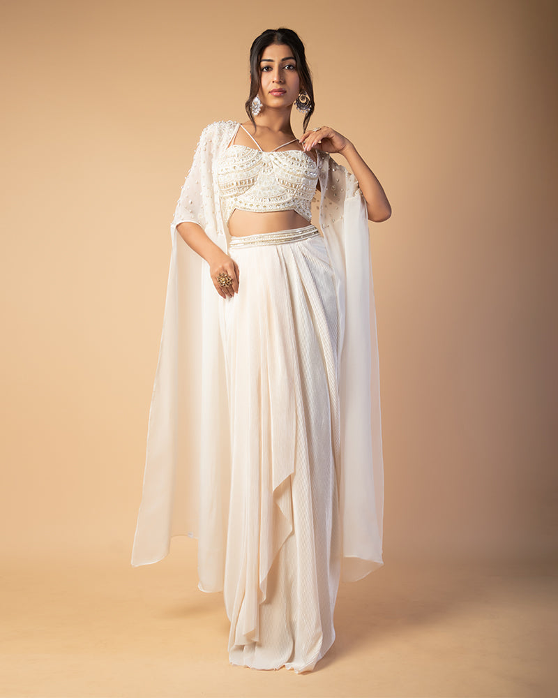 White Draped Skirt With Embroidered CropTop And Shrug