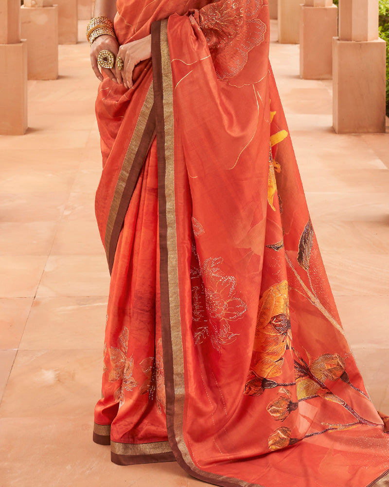 Flame Pea Cotton Silk  Saree With Unstitched Blouse