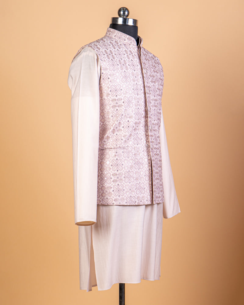 Light Pink Foil Kurta Pant Set With Embroidered Coat