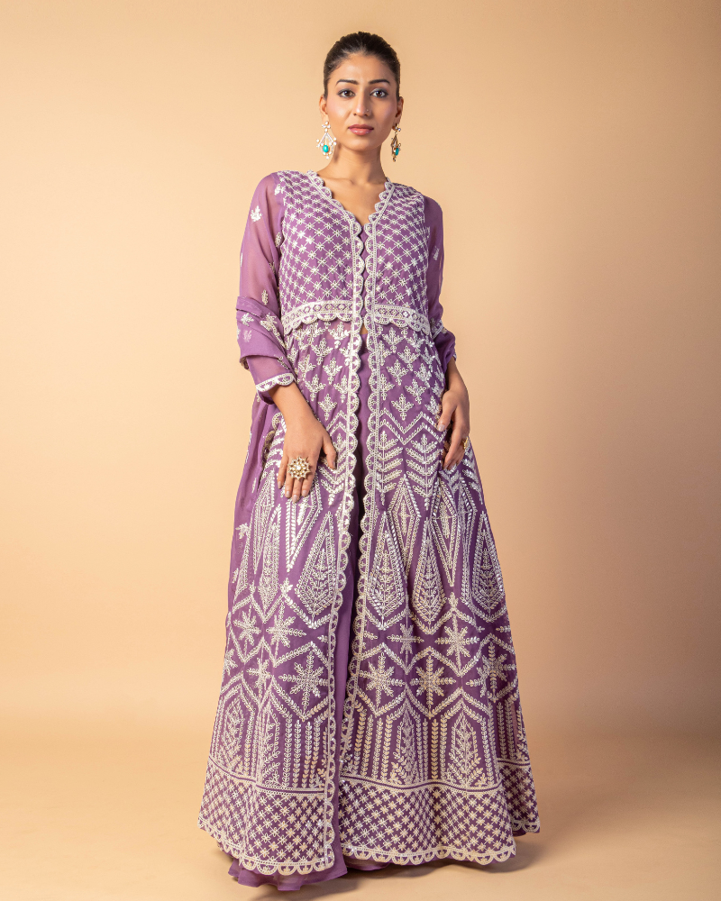 Violet Thread Detail Front Slit Palazzo Suit for Wedding