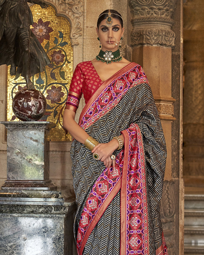 Black Printed Border Pure Patola Saree with Unstitched Blouse