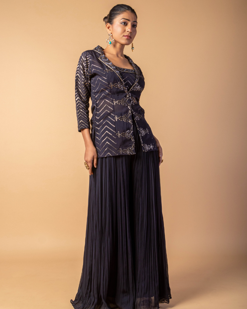Black Jacket and Flared Palazzo Style Salwar Suit