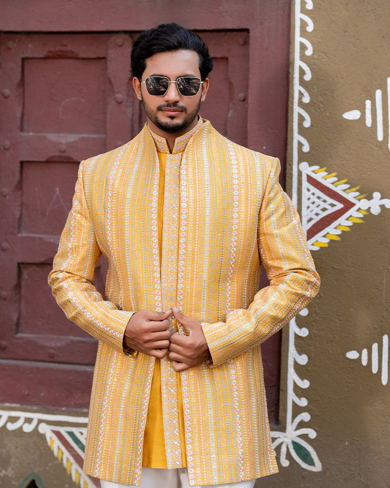 Light Yellow Embroidered Jacket with Kurta Set